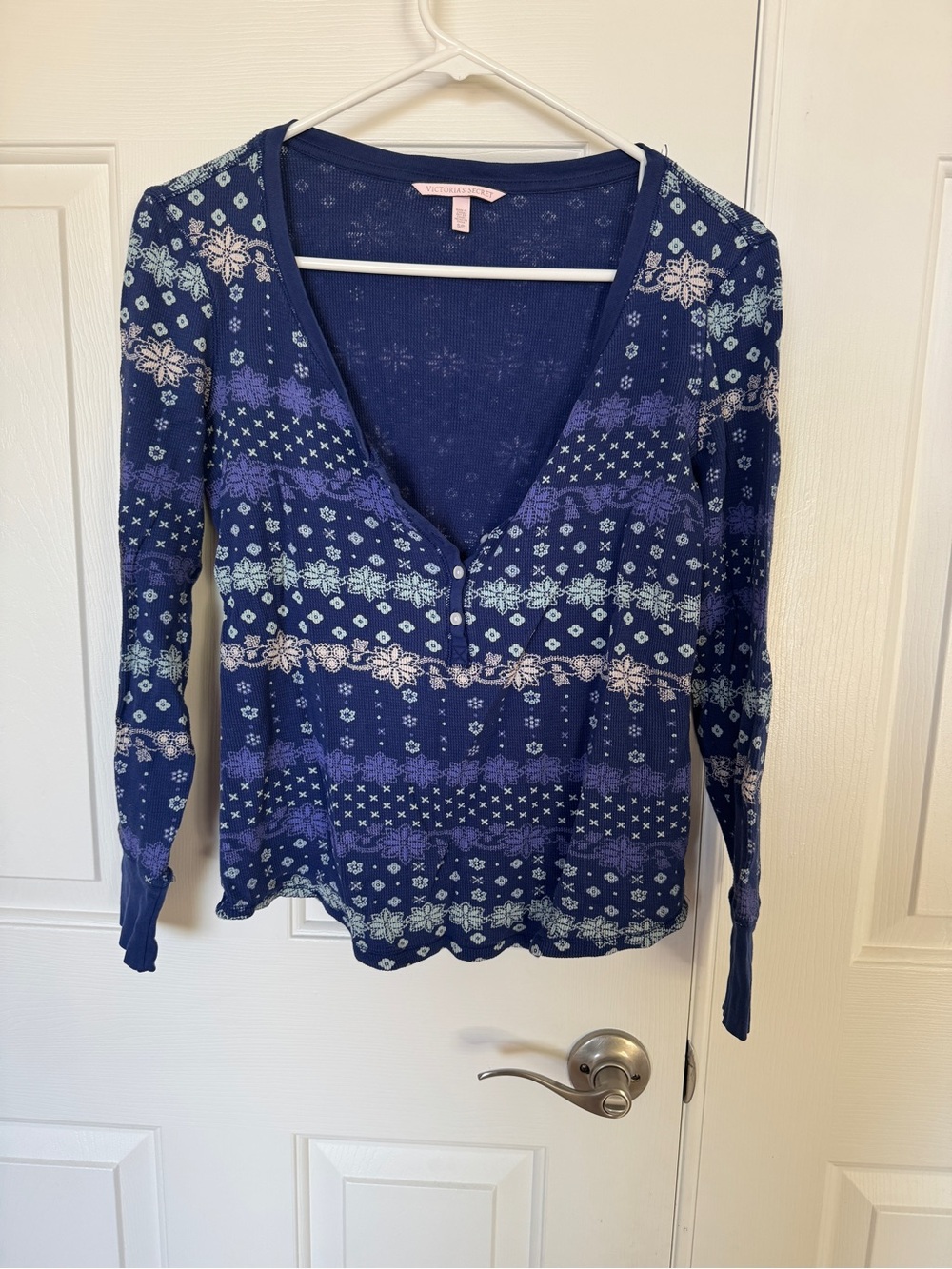 Victoria's Secret Navy Blue Patterned V-Neck Long Sleeve Top